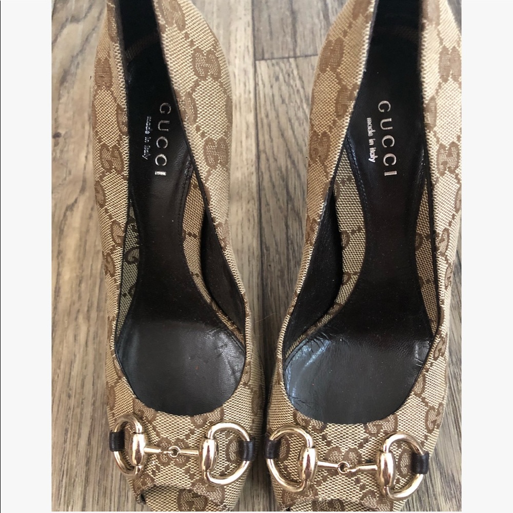 Gucci Horsebit Monogram Peep Toe Pumps